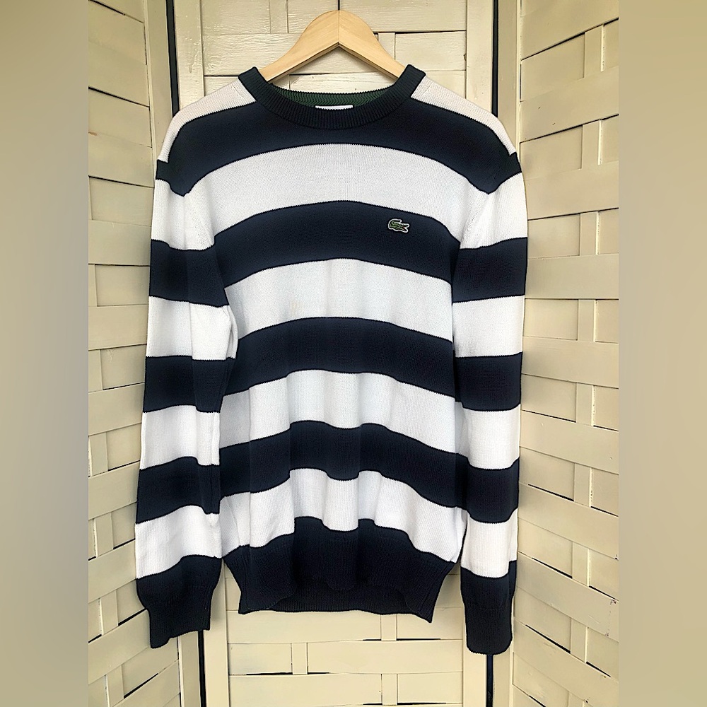 Lacoste Men's Navy and White Striped Organic Cotton Sweater Size L